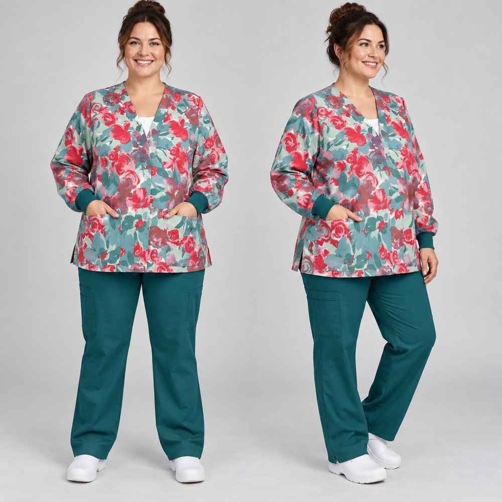Vintage Floral Scrub Jacket Snap Front Teal Red XL Pockets Ribbed Cuffs